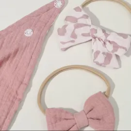 Комплект 3 в 1 бебешки лигавник и ленти за глава – пепел от рози