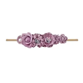 Бебешка лента за глава люляк с цветя и перлички