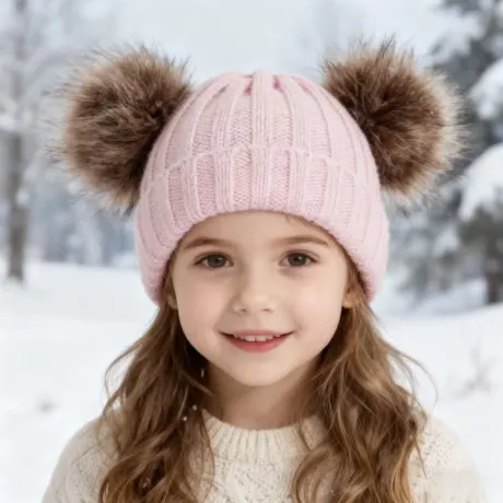 Бебешка зимна плетена шапка Mini bear с два естествени помпона – розова