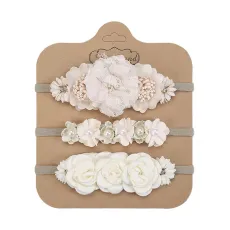 Комплект 3 бебешки ленти за глава с цветя в nude цвят