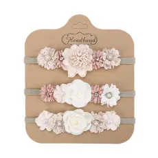 Комплект 3 бебешки ленти за глава с цветя в nude цвят