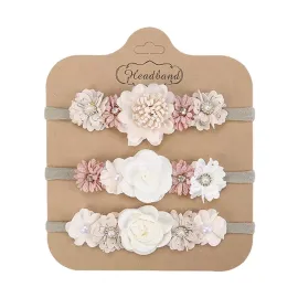 Комплект 3 бебешки ленти за глава с цветя в nude цвят