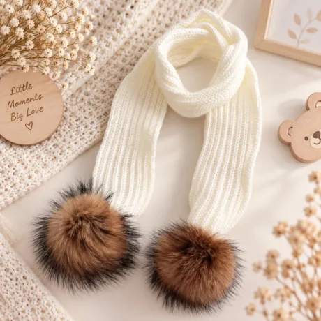 Детски плетен шал Cozy Pompom с естествени помпони Детски плетен шал Cozy Pompom с естествени помпони