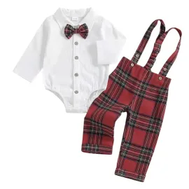 Памучен коледен комплект за момче | Бяла боди-риза с панталон червено каре