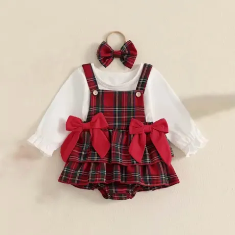 Бебешко боди със сукман в червено каре и панделка за глава  Red Christmas Бебешко боди със сукман в червено каре и панделка за глава  Red Christmas