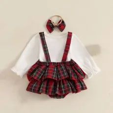 Бебешко боди със сукман в червено каре и панделка за глава  Red Christmas