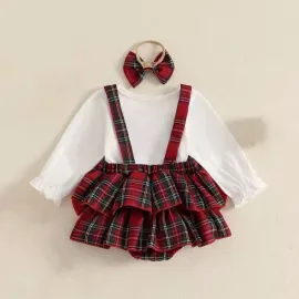 Бебешко боди със сукман в червено каре и панделка за глава  Red Christmas Бебешко боди със сукман в червено каре и панделка за глава  Red Christmas