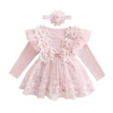Бебешка розова боди рокля с 3D цветя и лента за глава Pink Magic Бебешка розова боди рокля с 3D цветя и лента за глава Pink Magic