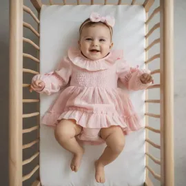 Розова памучна бебешка боди рокля с лента за глава Cute Ribbons