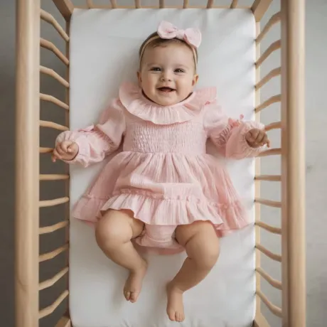 Розова памучна бебешка боди рокля с лента за глава Cute Ribbons