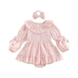 Розова памучна бебешка боди рокля с лента за глава Cute Ribbons