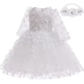 Бяла бебешка рокля с дантела и 3D цветя