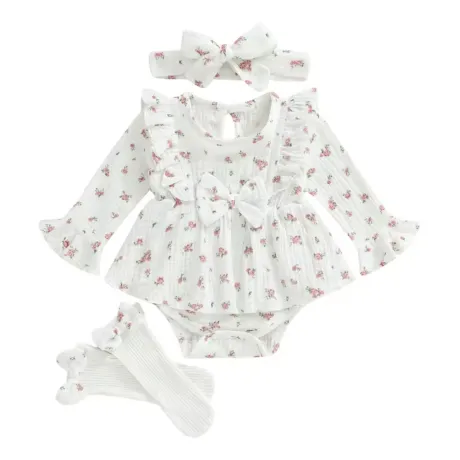 Памучно бебешко боди с лента за глава и чорапи White baby
