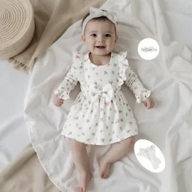 Памучно бебешко боди с лента за глава и чорапи White baby