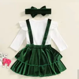 Коледен бебешки комплект от бяло боди и зелен кадифен сукман Green Velvet   Коледен бебешки комплект от бяло боди и зелен кадифен сукман Green Velvet