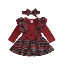 Коледен комплект в червено с боди, сукман и лента