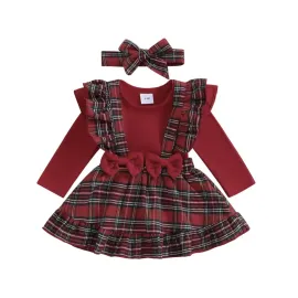 Коледен комплект в червено с боди, сукман и лента