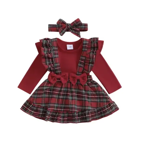 Коледен комплект в червено с боди, сукман и лента