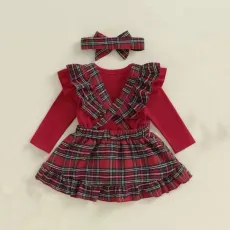 Коледен комплект в червено с боди, сукман и лента