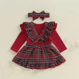 Коледен комплект в червено с боди, сукман и лента