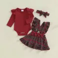 Коледен комплект в червено с боди, сукман и лента