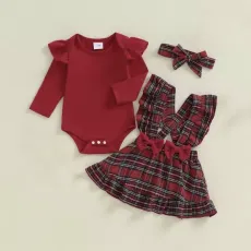 Коледен комплект в червено с боди, сукман и лента