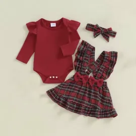 Коледен комплект в червено с боди, сукман и лента