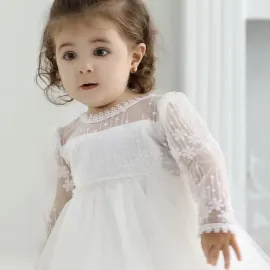 Бяла бебешка рокля с тюл и дантелени ръкави Berbella