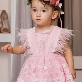 Бебешка Рокля с Пера и Дантела Mon Cher Pink  Бебешка Рокля с Пера и Дантела Mon Cher Pink