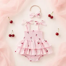 Памучно бебешко боди с черешки и лента за глава Cherry
