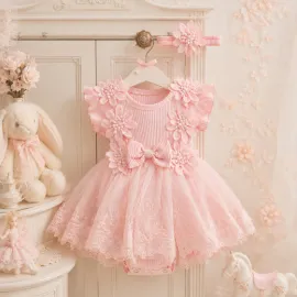 Памучна бебешка боди-рокля Sofi - Pink Summer с дантела и 3D цветя