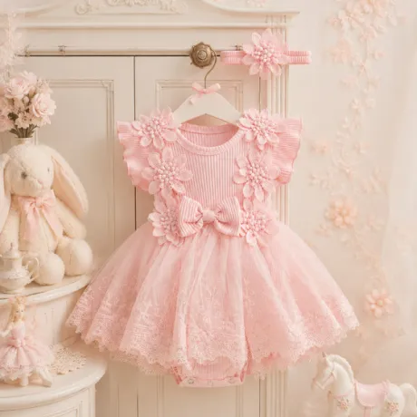 Памучна бебешка боди-рокля Sofi - Pink Summer с дантела и 3D цветя