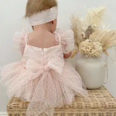 Бебешка боди рокля с тюл в цвят сьомга Peach