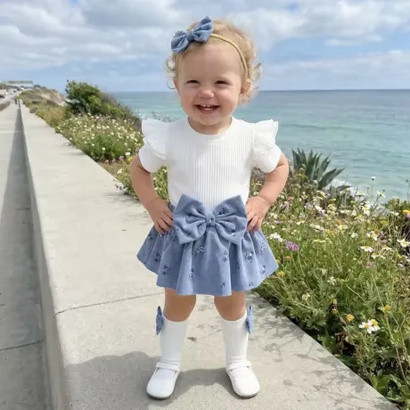 Бебешки комплект 3 в 1 с боди-рокля, панделка и чорапки Spring Rosses blue Бебешки комплект 3 в 1 с боди-рокля, панделка и чорапки Spring Rosses blue