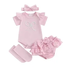 Бебешки розов комплект 4 в 1 – боди, пола-панталонки, чорапи и лента