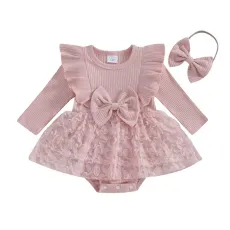 Бебешка боди рокля в розово с дантела и панделка Melanie