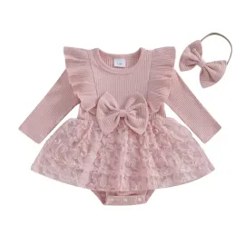 Бебешка боди рокля в розово с дантела и панделка Melanie