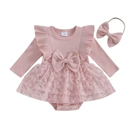 Бебешка боди рокля в розово с дантела и панделка Melanie