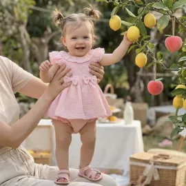 Розов памучен бебешки комплект рокличка и панталонки Casandra