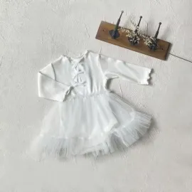 Бяла Елегантна Бебешка Боди Рокля с Тюл и Панделки  Бяла Елегантна Бебешка Боди Рокля с Тюл и Панделки
