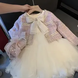 Детски комплект рокля с тюл и сако от букле Rouzi