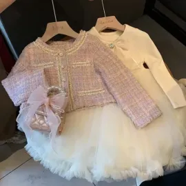 Детски комплект рокля с тюл и сако от букле Rouzi